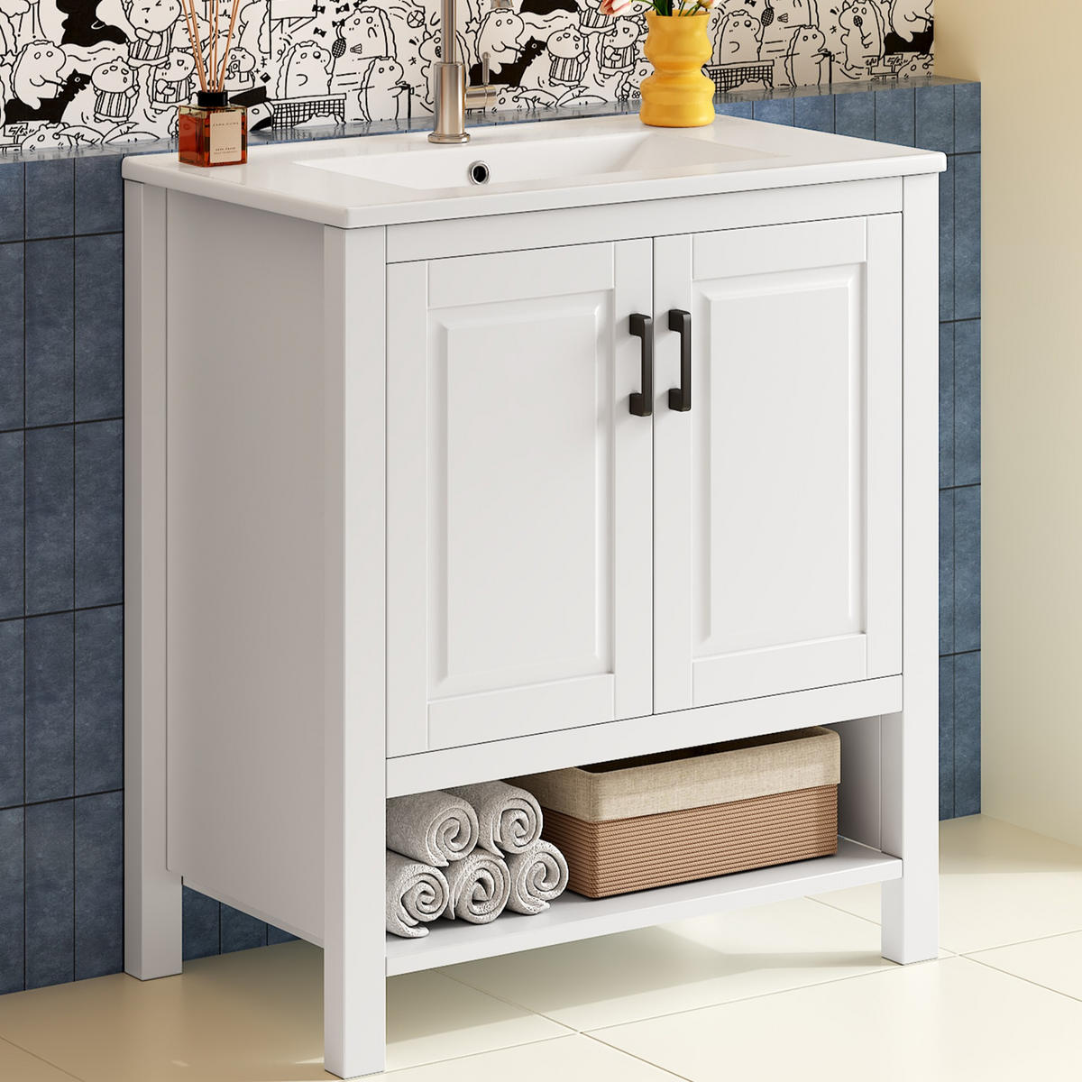 WASCHTISCHKOMBI 76.5/47/83 cm Weiß mit offene Regale, ohne Wasserhahn - Schwarz/Weiß, Holz/Holzwerkstoff (47/83/76.5cm) - Oxeza