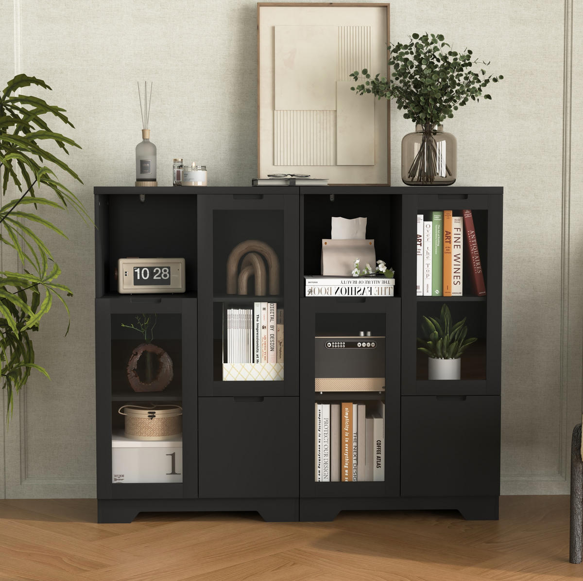 KOMMODE mit 2 Glastüren und verstellbaren Einlegeböden, MDF, grifflose Optik, 65/30/100 cm, Schwarz - Schwarz, Holzwerkstoff (65/100/30cm) - Redom