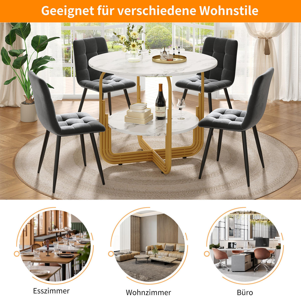 ESSTISCH rund 80/80/76 cm Gold MDF in Marmoroptik mit Ablage - Goldfarben, Holzwerkstoff (80/80/76cm) - OKWISH