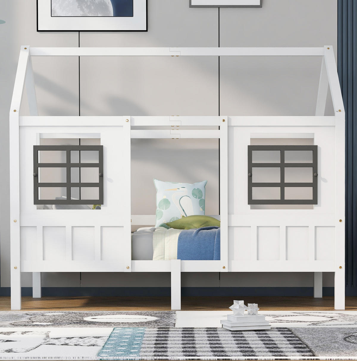 HAUSBETT aus Kiefer und MDF 200x90 cm Weiß mit 2 Fenstern und umlaufendem Fallschutz - Weiß, Holzwerkstoff (90/200cm) - Modfu