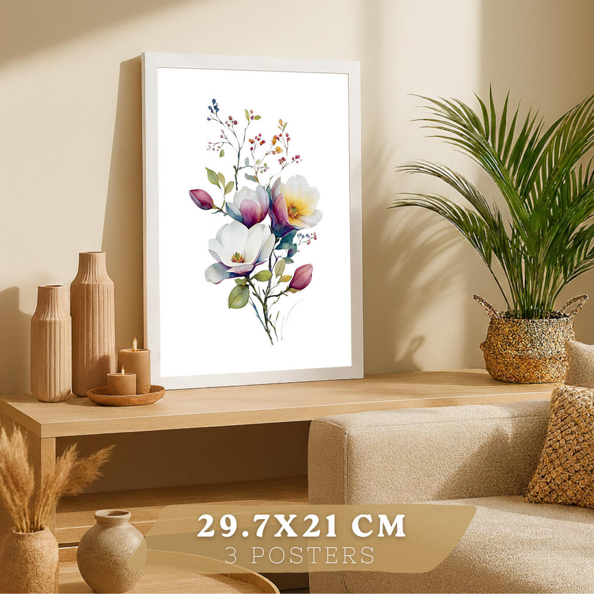 PLAKAT Sada 3 botanických uměleckých tisků. Květinové nástěnné umění. Moderní minimalistický květinový nástěnný PLAKAT. Velikost Bílý rám A4 - bílá, papír (21/29.7/3cm) - Nacnic