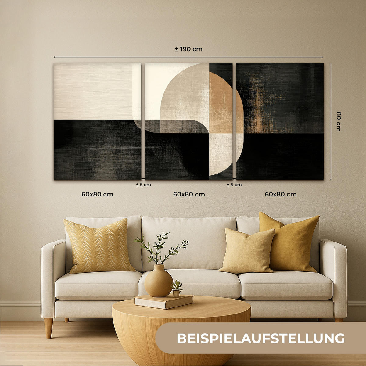 LEINWANDBILD 3er Set Formen - Abstrakt - Gold 180x80 cm - Schwarz, Textil (180/80cm) - MuchoWow