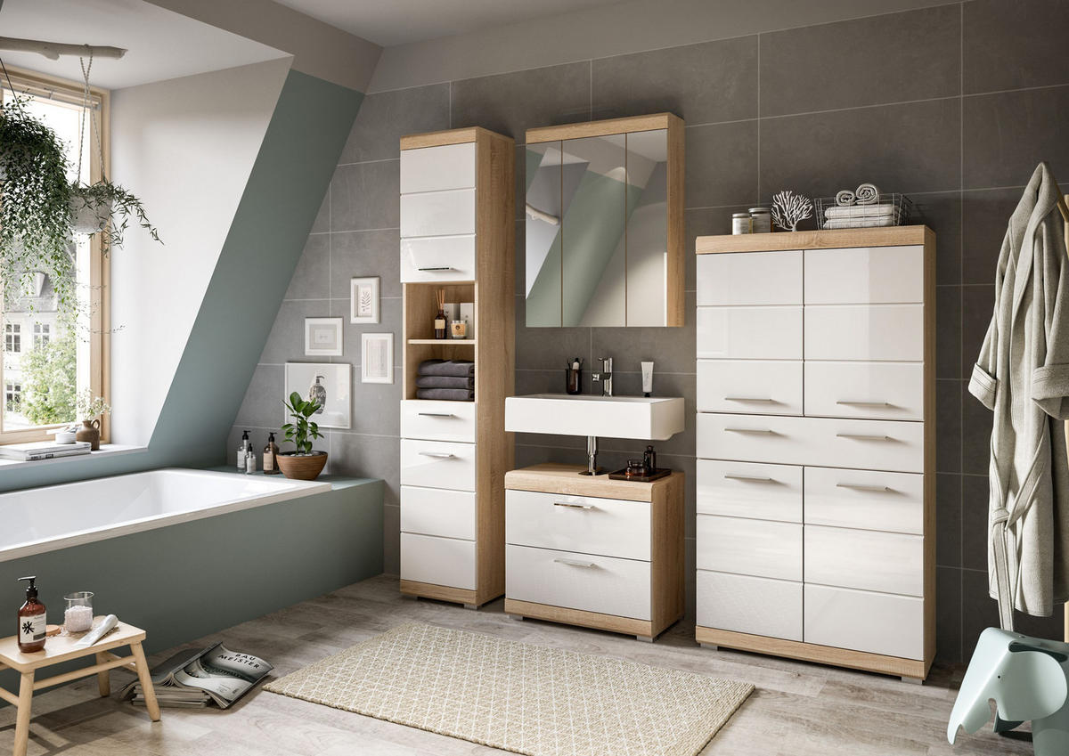 BADMIDISCHRANK Lambada Bad in Sonoma Eiche hell und weiß hochglanz B/H/T: 74x141x31 cm - Eichefarben, Holz (74/141/31cm)