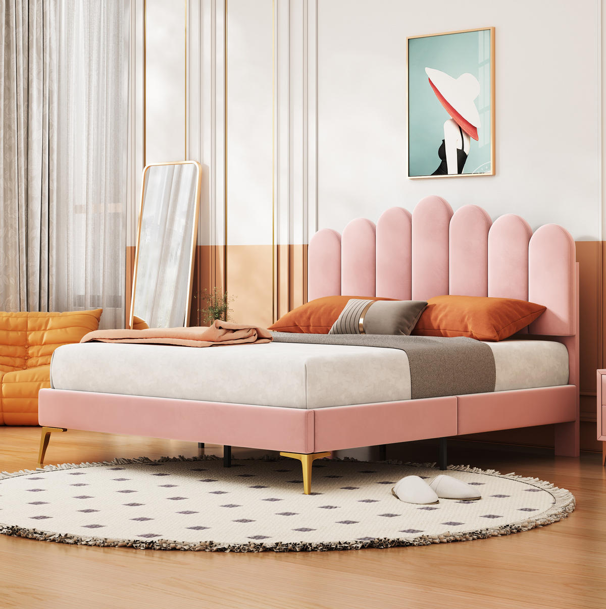 SAMT-POLSTERBETT 140/200 cm in Rosa mit Lattenrost und verstellbarem Kopfteil - Rosa, Textil (140/200cm) - BEAOK