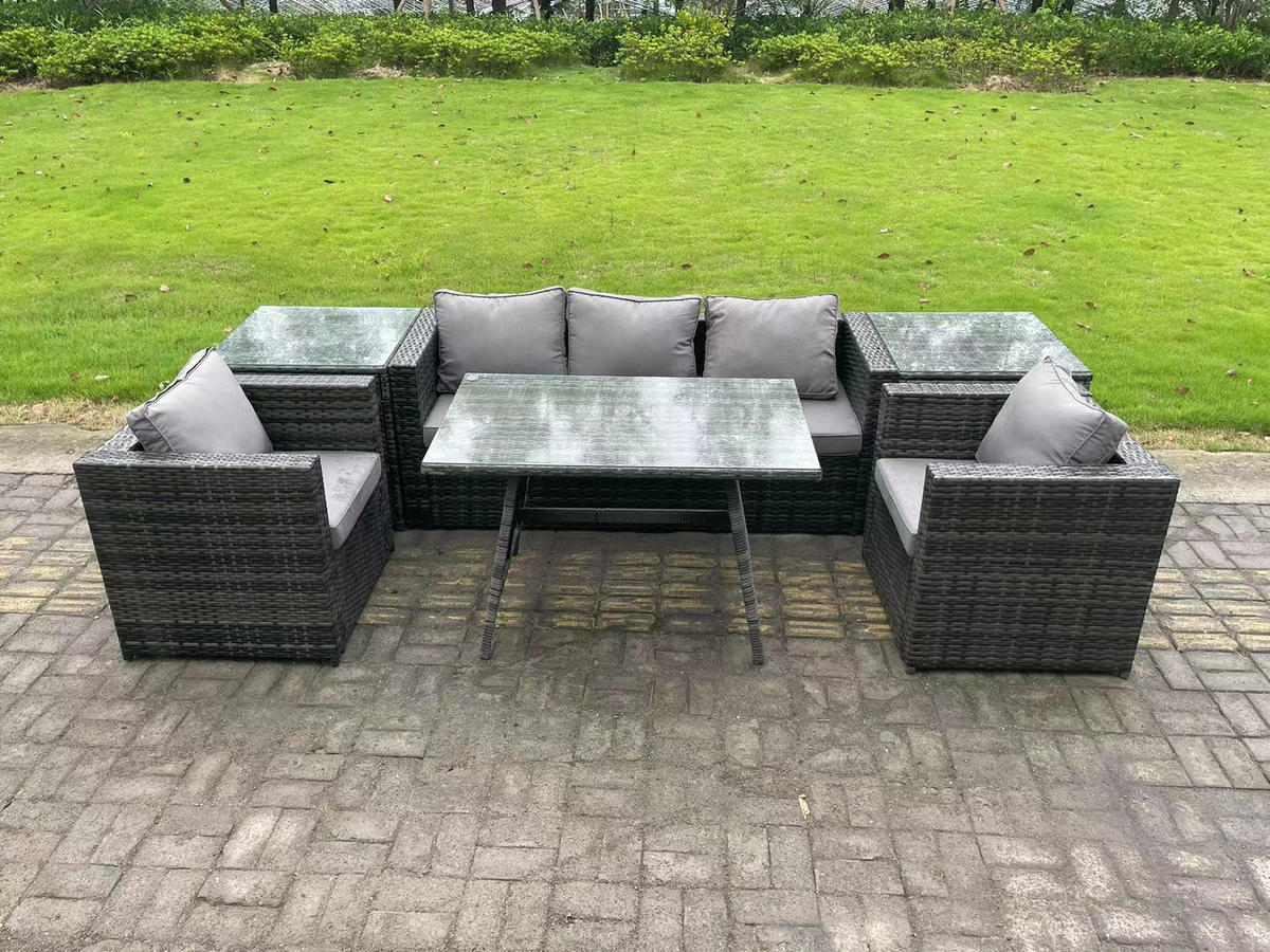 GARTENMÖBELSET mit Esstisch,Beistelltisch 5-Sitzer Grau - Dunkelgrau/Grau, Glas/Kunststoff - Fimous