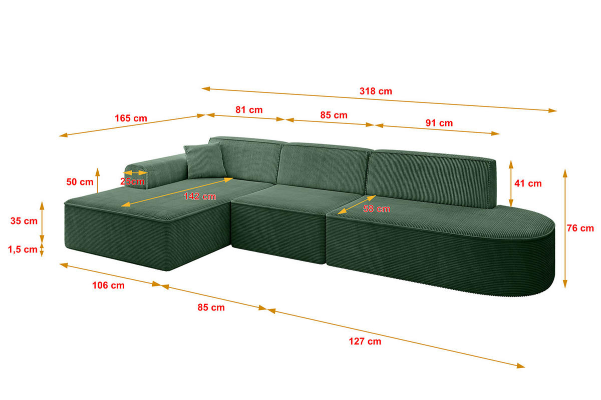 ECKSOFA Ottomane Links IREA-L2-v3 - 318x165x76 cm Grün - Grün, Holzwerkstoff/Textil (318/165cm) - ALTDECOR