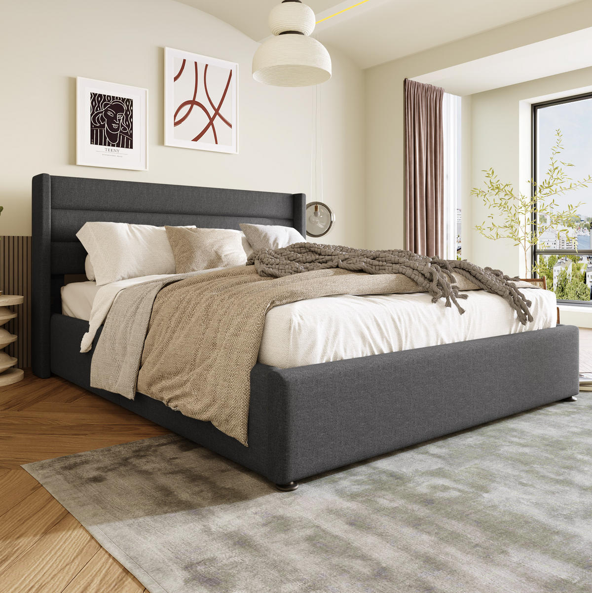 ČALÚNENÁ posteľ z ľanu 140x200 cm sivá s hydraulickým úložným priestorom a polstrovaným čelom - sivá, textil (140/200cm) - Modfu