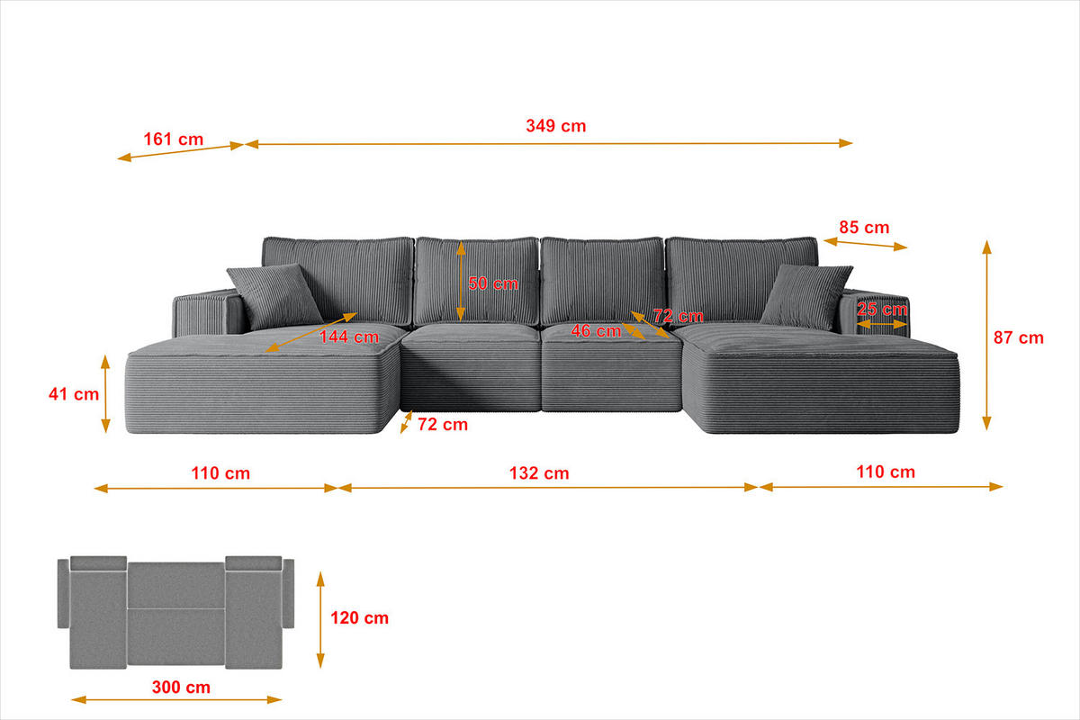 WOHNLANDSCHAFT mit Schlaffunktion und Bettkasten SIERRA-U-S - 349x161x87 cm Duneklgrau Cord - Dunkelgrau/Schwarz, Holzwerkstoff/Kunststoff (349/87/161cm) - ALTDECOR