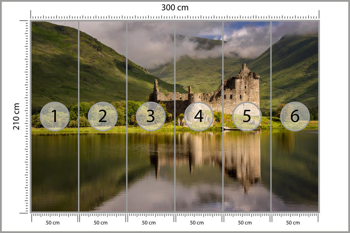 FOTOTAPETE Burgruine Kilchurn See Landschaft 3D 300x210 - Beige/Braun, Papier (300/210cm) - Muralo