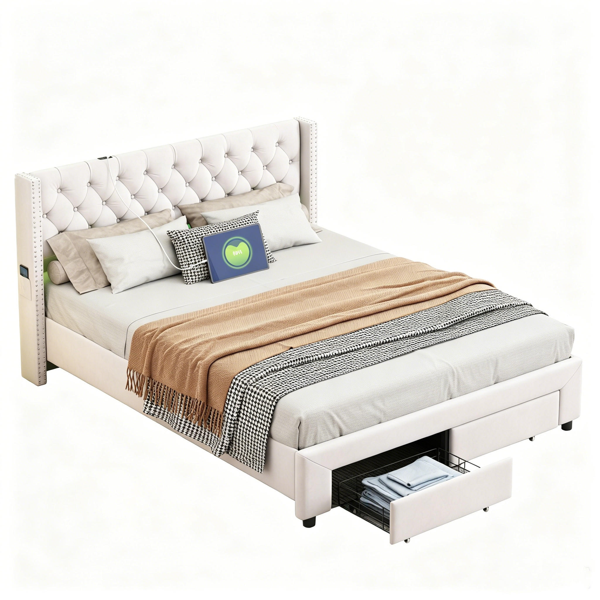 DOPPELBETT 160x200 cm Schubladenbett mit Schubladen und Ladefunktion in Beige - Beige/Naturfarben, Holz/Metall (160/200cm) - PARAFTA HOME