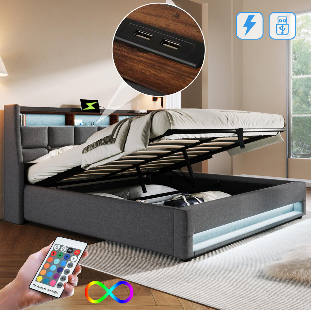 POLSTERBETT 140/200 cm Grau aus Leinen mit LED und USB - Grau, Textil (140/200cm) - OKMYHOME