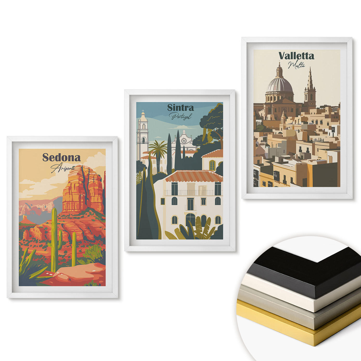 WANDBILDER 3er-Set - 40x60 cm Weißer Rahmen - Ansichten Sedona Sintra Valletta Retro - Weiß, Kunststoff (40/60cm) - ArtPrintCave