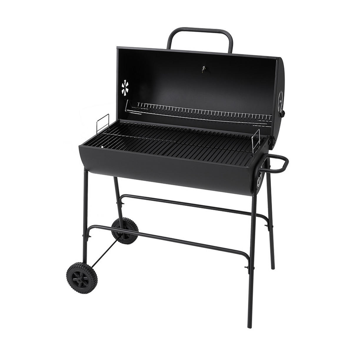 HOLZKOHLEGRILL mit Rollen aus Kohlenstoffstahl in Schwarz für draußen Carbonstahl groß mobil – ideal für Familienfeiern 79 x 68 x 90 cm 10,5 kg - Schwarz, Metall (68/90/79cm) - Livingandhome