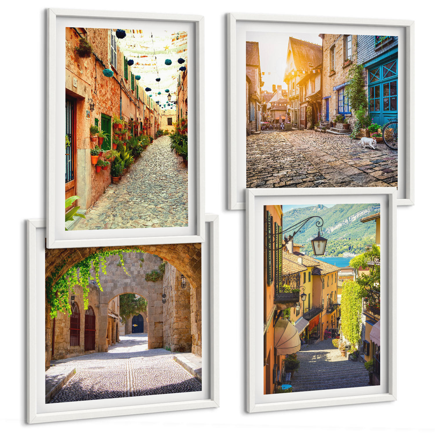 BILDER SET 4er Set - 50x50 cm & 40x60 cm Weißer Rahmen - Charmante Straßen mit Steinen - Weiß, Kunststoff (50/50cm) - TULUP