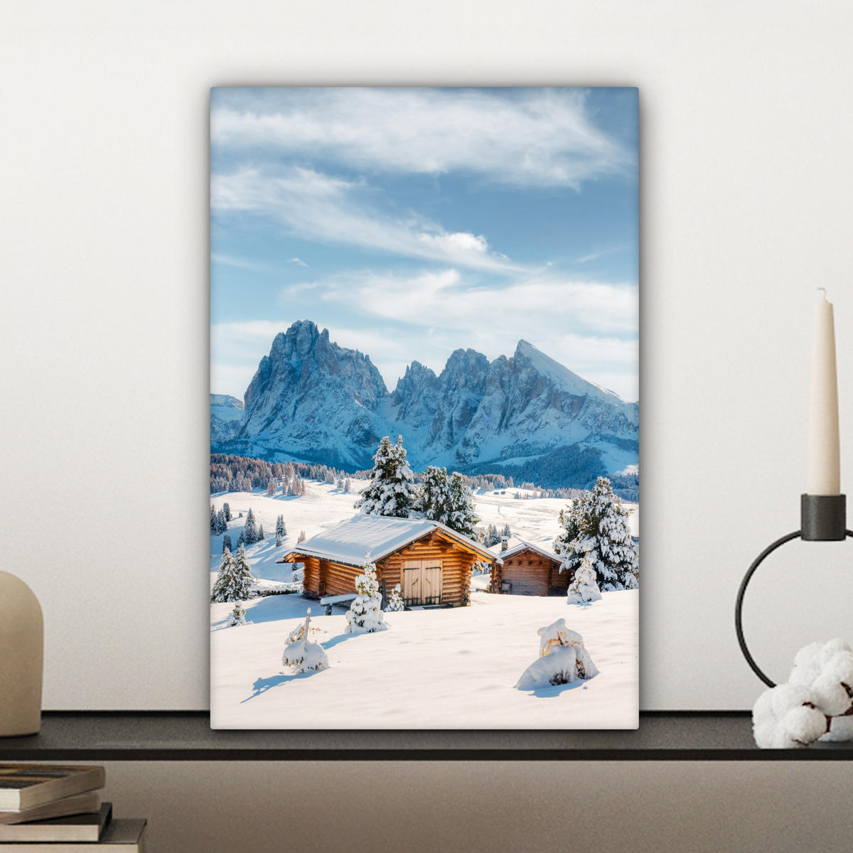 LEINWANDBILD Winter - Hütte - Berge - Aussicht - Schnee 20x30 cm - Eichefarben, Textil (20/30cm) - MuchoWow