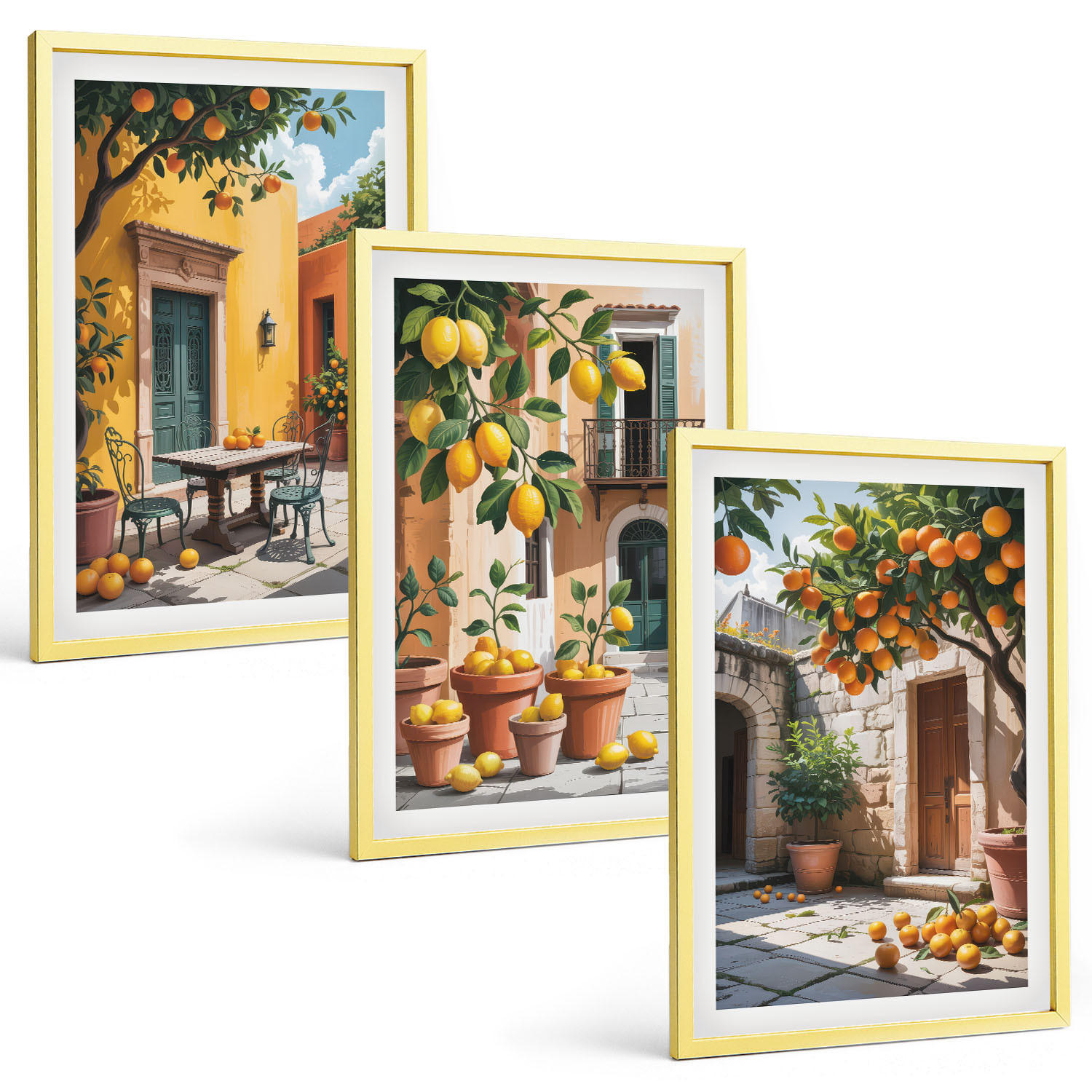 BILDER SET 3er Set - 40x60 cm Goldrahmen - Zitrusfrüchte im Garten - Goldfarben, Kunststoff (40/60cm) - TULUP