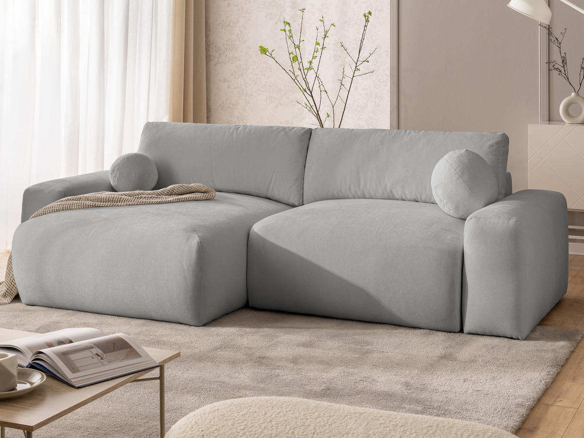 ECKSOFA Puffy mit Schlaffunktion und Bettkasten - besonders weich und puffig aus Grau Webstoff - Ottomane links - Schwarz/Grau, Holz/Kunststoff (138/266cm) - S-Style Möbel