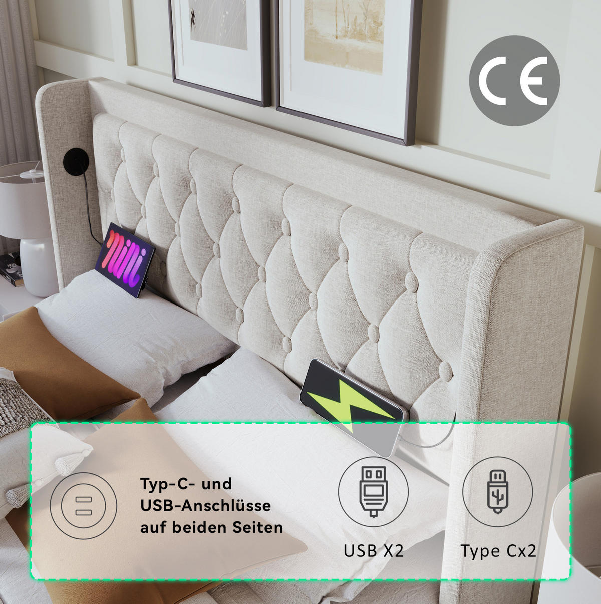 POLSTERBETT 140/200 cm Beige aus Baumwolle mit Stauraum, LED und USB Typ-C - Beige, Textil (140/200cm) - OKMYHOME