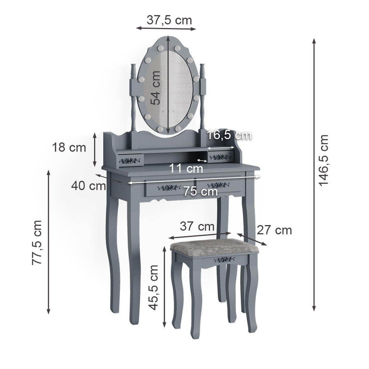 SCHMINKTISCH Maggie Grau 75 cm mit LED Beleuchtung und Hocker - Grau, Holzwerkstoff (75/146.5/40cm) - Vicco