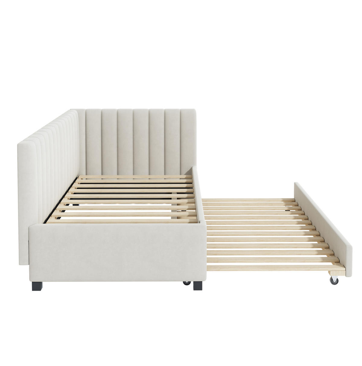 BETT aus Samtstoff 90x200 cm Beige mit Ausziehbett, Lattenrost und gepolstertem Kopfteil - Beige, Leder (140/200cm) - Modfu