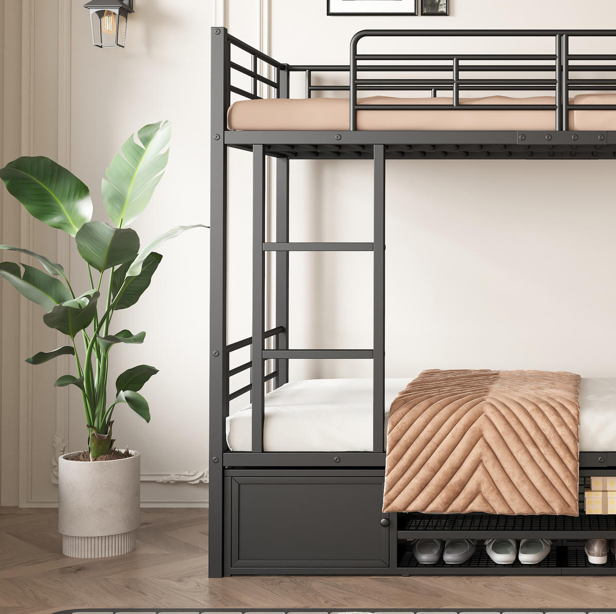 ETAGENBETT 90/200 cm Schwarz aus Eisen mit Schuhablage und Sicherheitsgitter - Schwarz, Metall (90/200cm) - OKWISH