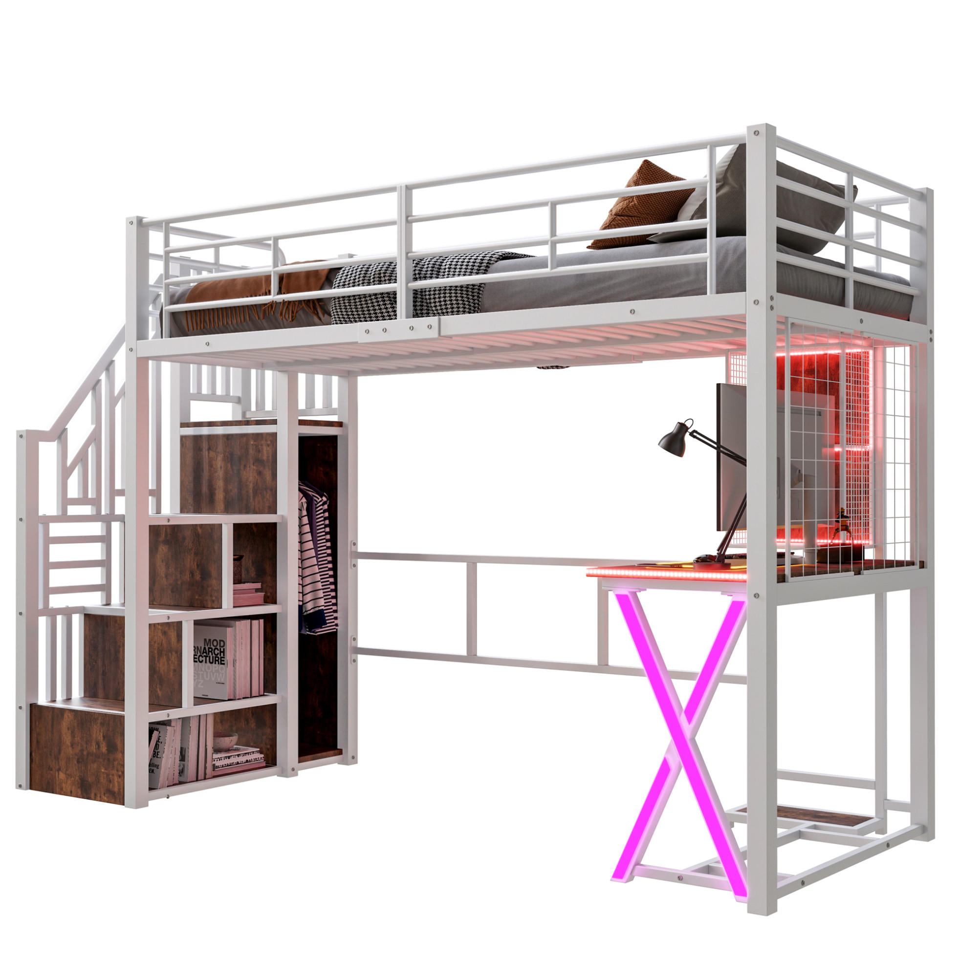 HOCHBETT 90/200 cm mit LED-Beleuchtung, Schreibtisch und Kleiderschrank - Weiß, Metall (90/200cm) - Flora Grace