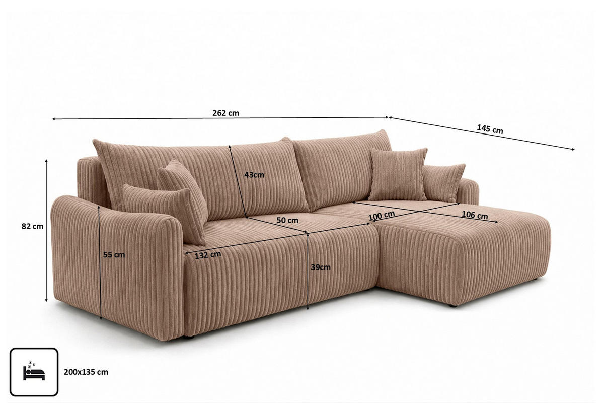 ECKSOFA Mit Schlaffunktion, Cordstoff Tilia, Braun, Rechts, JAPANDI - Braun, Holz (262/145cm) - Kaiser Möbel