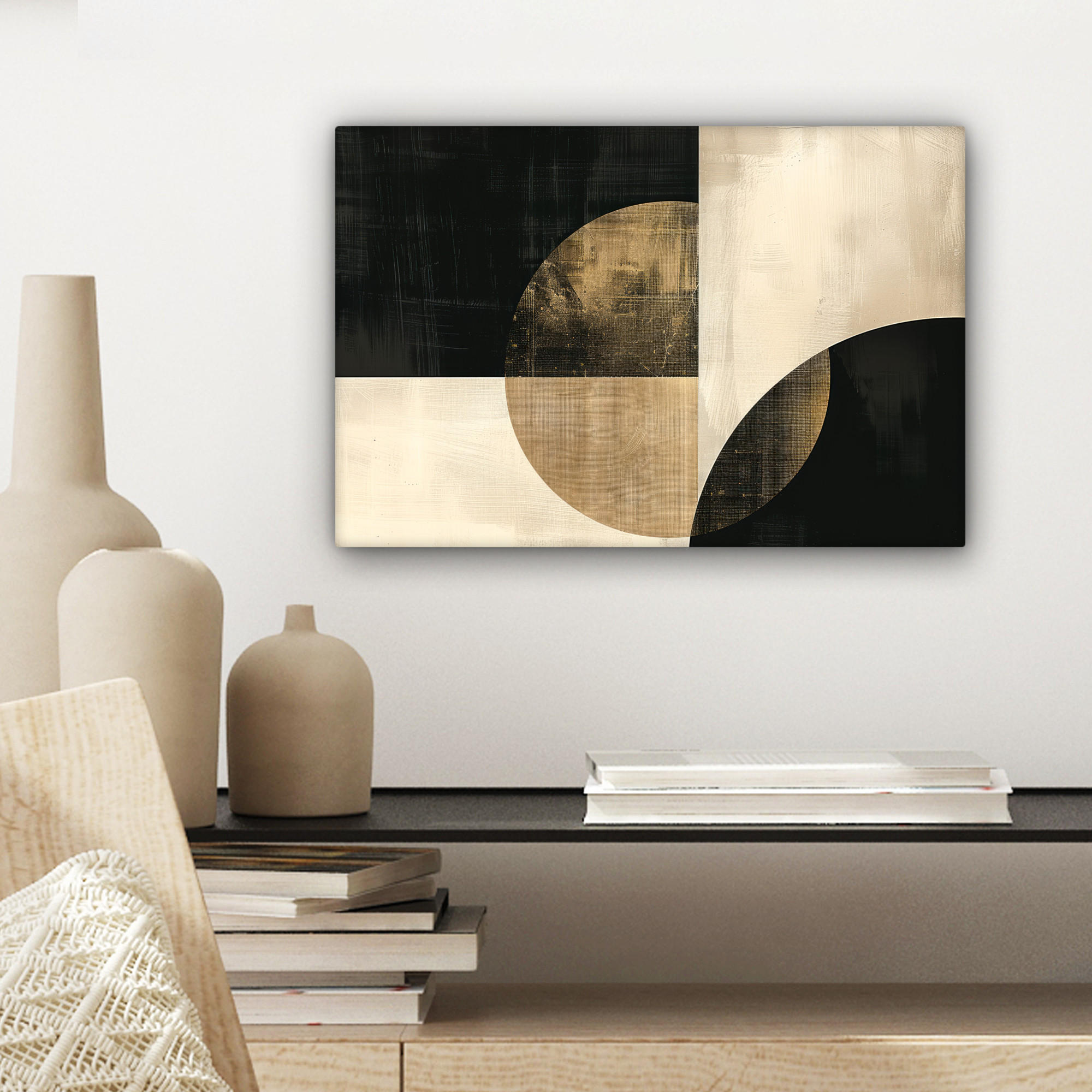 LEINWANDBILD Abstrakt - Geometrische Formen - Schwarz - Gold 30x20 cm - Ecru, Textil (30/20cm) - MuchoWow