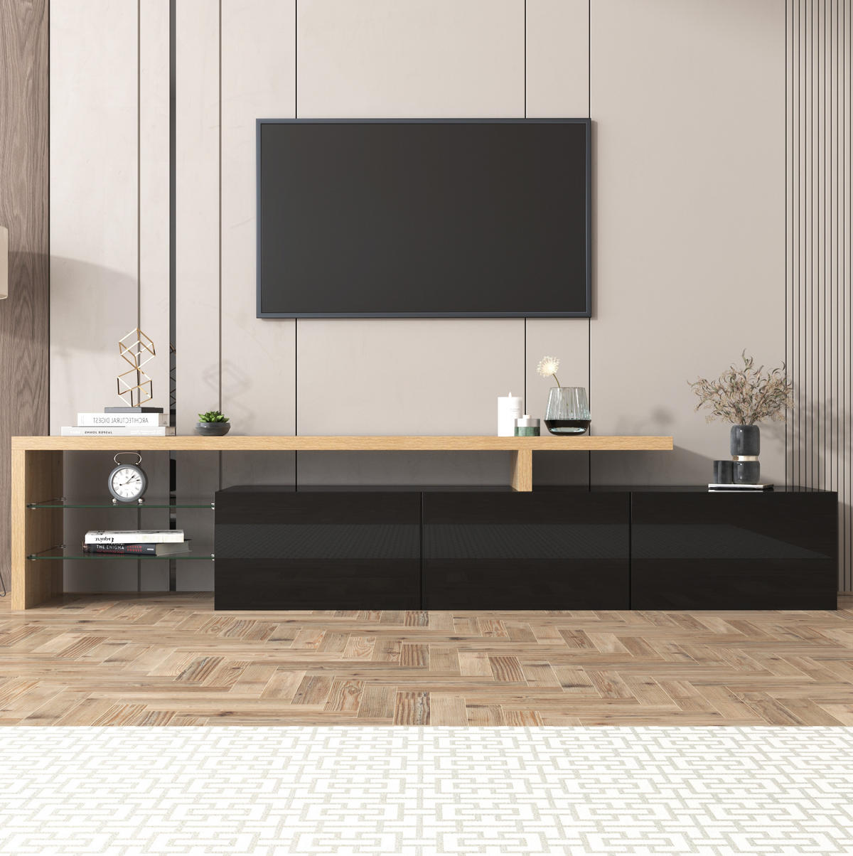 TV ormarić 197,5/39/42 cm crni i prirodne boje drva od MDF-a i stakla s LED rasvjetom - prirodne boje, drvni materijal (197.5/42/39cm) - OKWISH