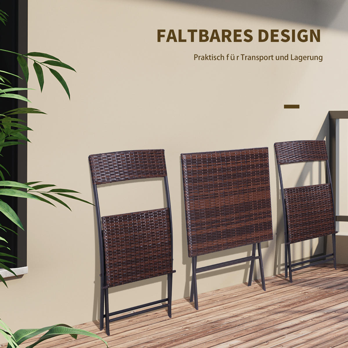 BISTROSET Polyrattan, 3tlg. Balkonmöbel Set, Sitzgruppe, Essgruppe, Gartenmöbel - Braun, Metall - Outsunny