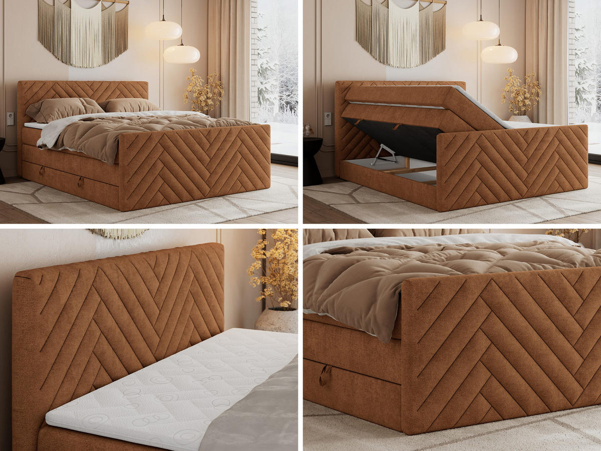 BOXSPRINGBETT PARIS KING DUO - 200/200 - Orange Struktur - H4 - Orange, Holz/Textil (200/200cm) - MKS