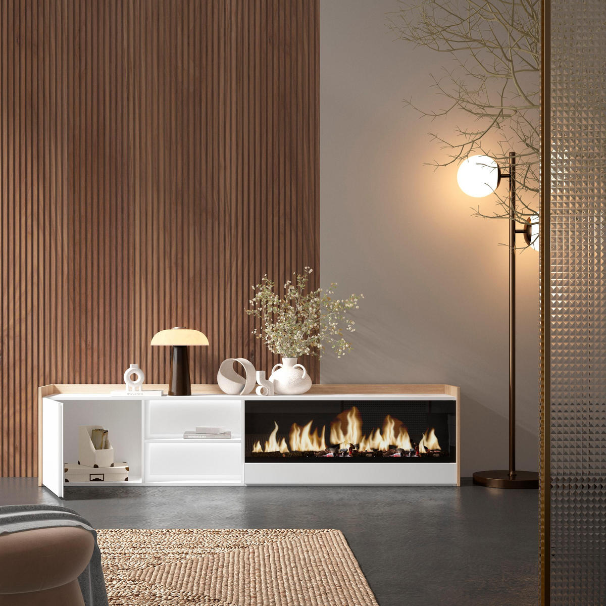 LOWBOARD, Weiß und Eiche, 212/35/50cm, Kamin mit Feuereffekt XXL - Weiß, Holzwerkstoff (212/50/35cm) - Skraut Home