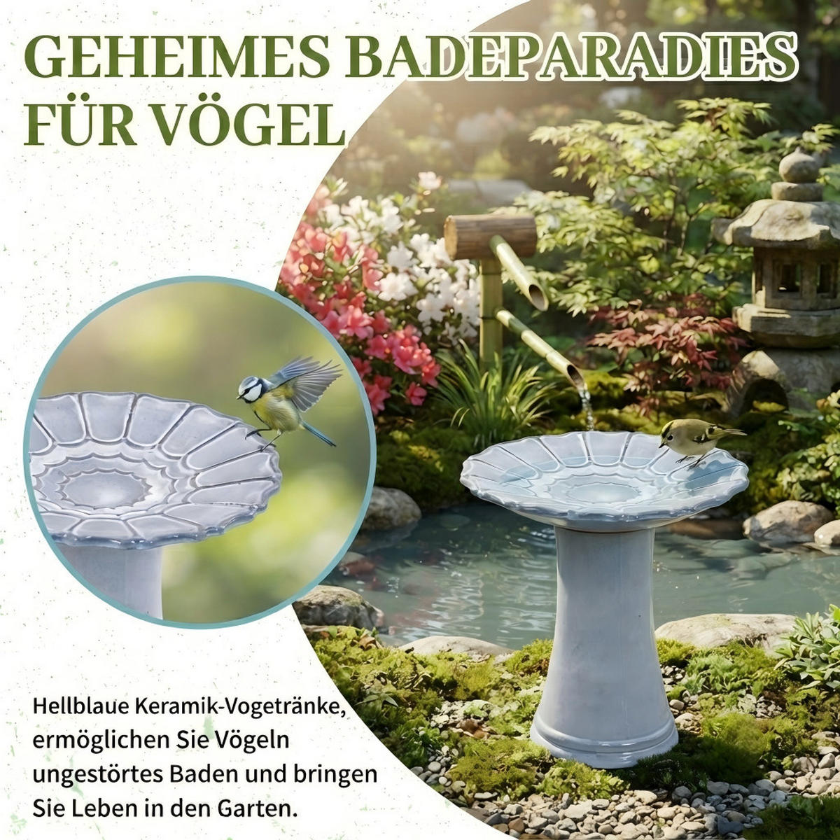 VOGELBAD mit Standfuß, Keramik Ø43/45H cm, Wetterfest, Blau-Grau - Blaugrau, Keramik (43/45/43cm) - LVHOM