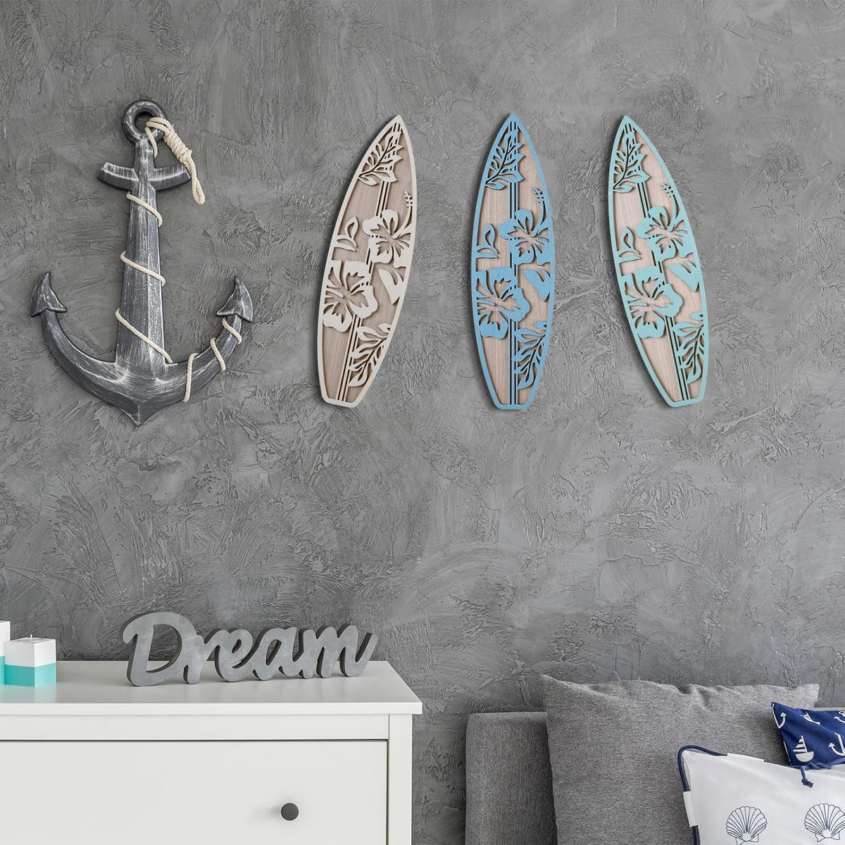 WANDDEKO Türkis Surfbrett Holz 3er Set，30*9 - Hellblau, Holzwerkstoff (30/1cm) - Authentics