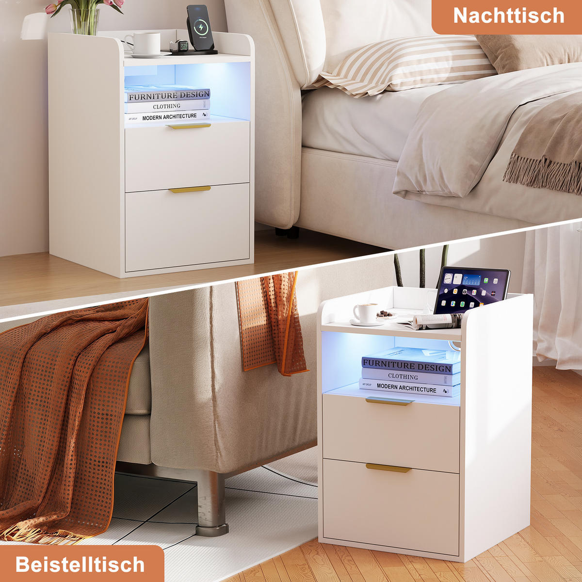 NACHTTISCH Weiß mit 2 Schubladen, Bettseittisch mit LED-Beleuchtung und Ladeanschlüssen, 40/40/60 cm - Goldfarben/Weiß, Holz/Metall (40/60/40cm) - BPKADHY
