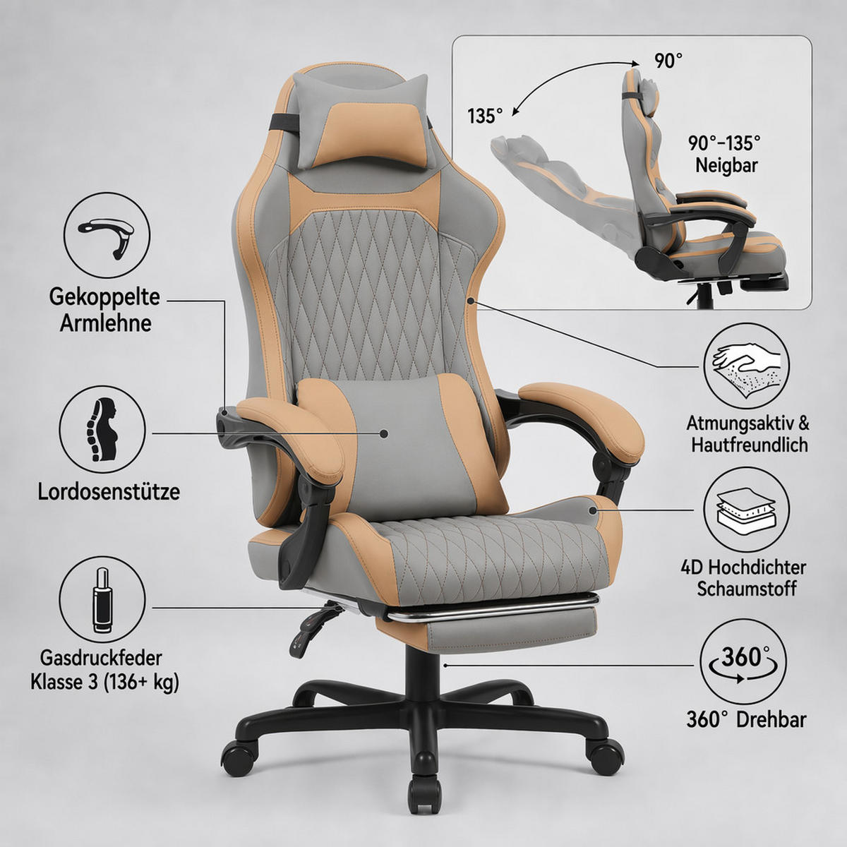 GAMING-STUHL braun mit Rautensteppung, Fußstütze, Nacken- und Lendenkissen, höhenverstellbar - Braun, Leder (54/124/62cm) - BRILVERDE