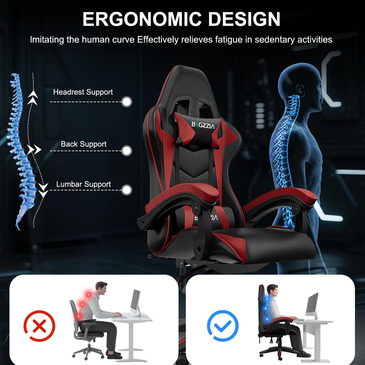 GAMINGSTUHL Schwarz-Rot mit Bluetooth Lautsprechern ergonomisch höhenverstellbar - Rot, Metall (66/124/58cm) - Rattrix