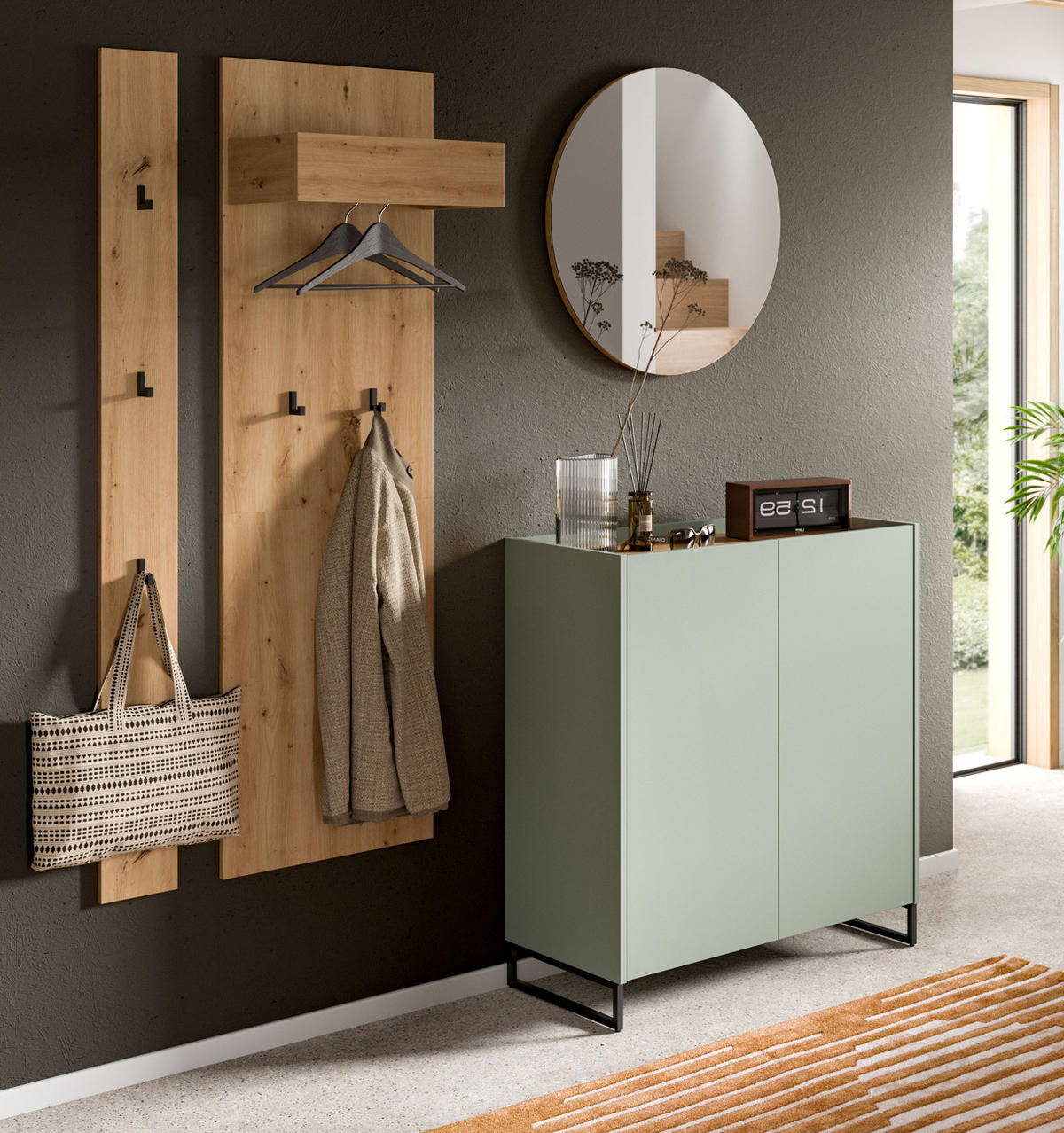 GARDEROBE-SET Salbei und Artisan Eiche, Garderobe 4-teilig, 186 x 197 cm, Soft-Close, Borga - Salbeigrün/Schwarz, Holzwerkstoff/Metall (186/197/38cm) - Inn.Furn