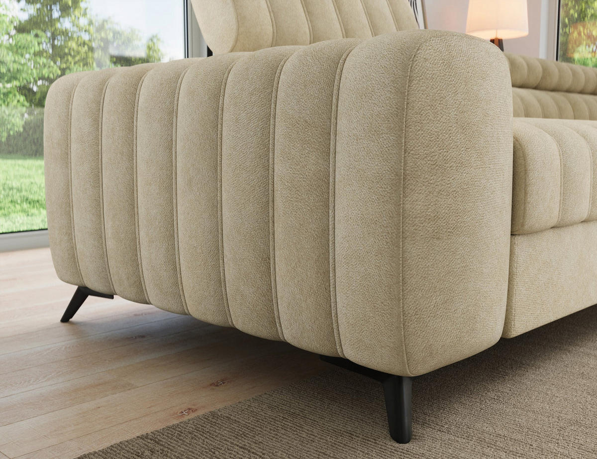 KANEDO Ecksofa mit Schlaffunktion und Bettkasten – Modernes Designsofa, verstellbare Kopfstützen, Metallfüße - Beige, Kunststoff (269/86cm) - Wohnideebilder