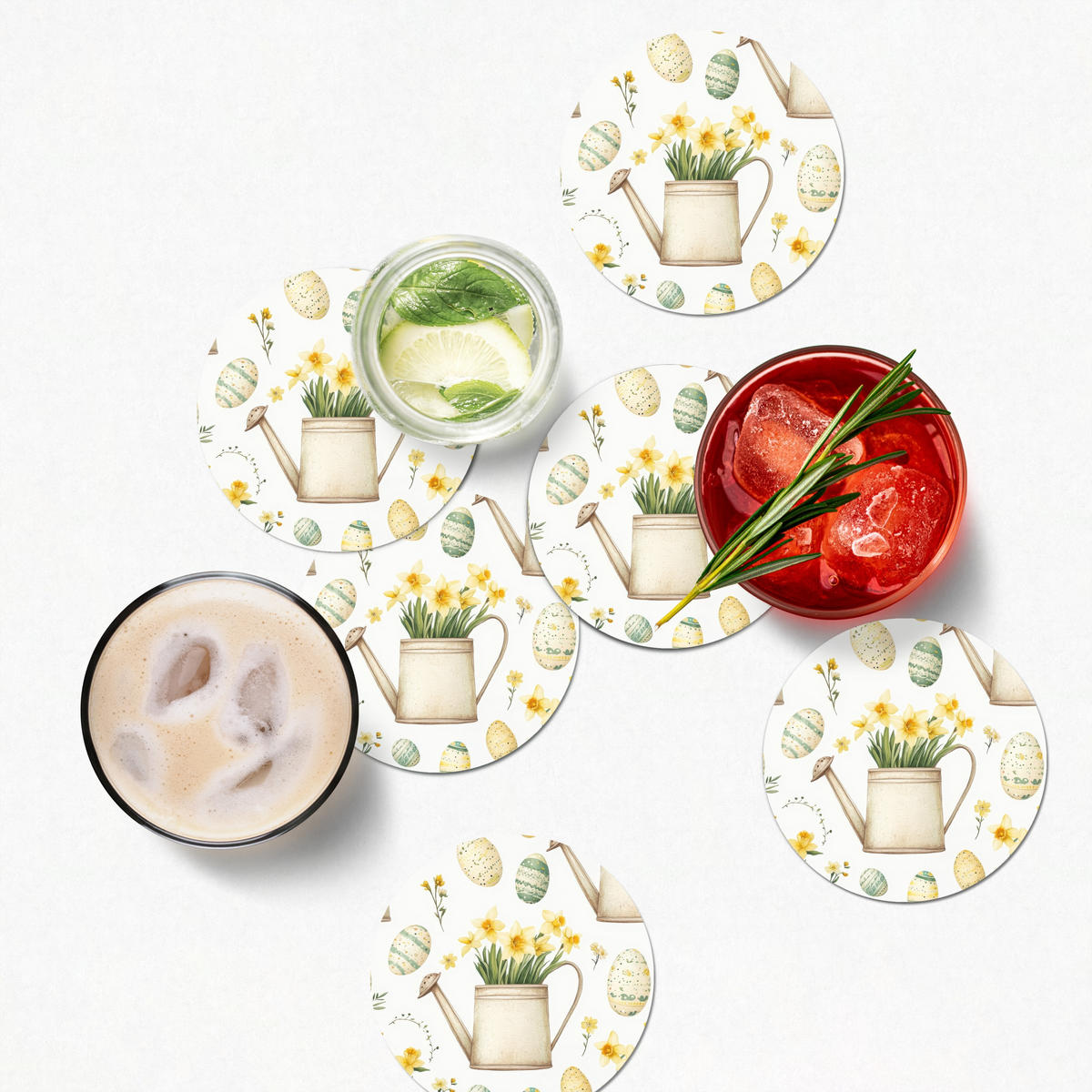 GLASUNTERSETZER Gießkanne - Blumen - Eier 10x10 cm - Weiß, Naturmaterialien (10/0.2cm) - MuchoWow