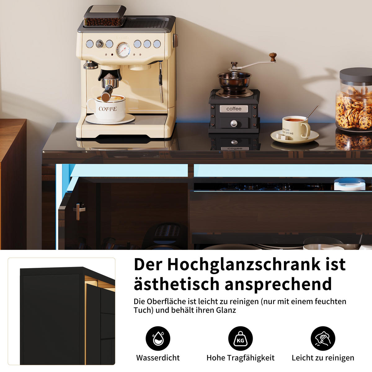 SIDEBOARD 160 cm Hochglanz mit LED, 4 Türen und 2 Schubladen, Küchenschrank mit Stauraum, Schwarz - Schwarz, Holzwerkstoff (160/35/75cm) - Waldena