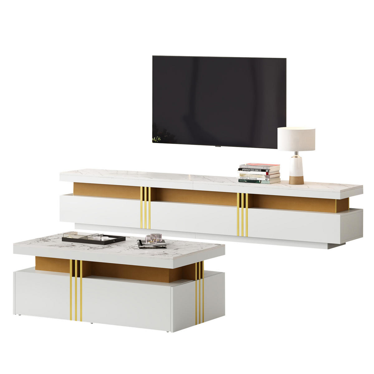 TV-ELEMENT aus Spanplatte, TV-Schrank 200x40x42 cm und Couchtisch 100x50x40 cm, Weiß, mit Schubladen und Marmor-Optik - Weiß, Holzwerkstoff (200/42/40cm) - Modfu