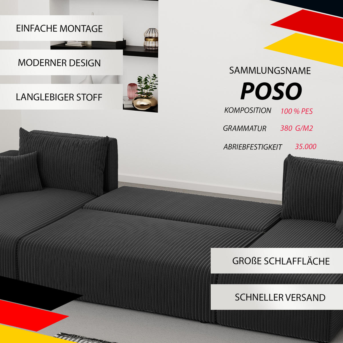 WOHNLANDSCHAFT mit Schlaffunktion und Bettkasten, Schwarz - Schwarz, Holzwerkstoff/Textil (318/79/145cm) - Idohome