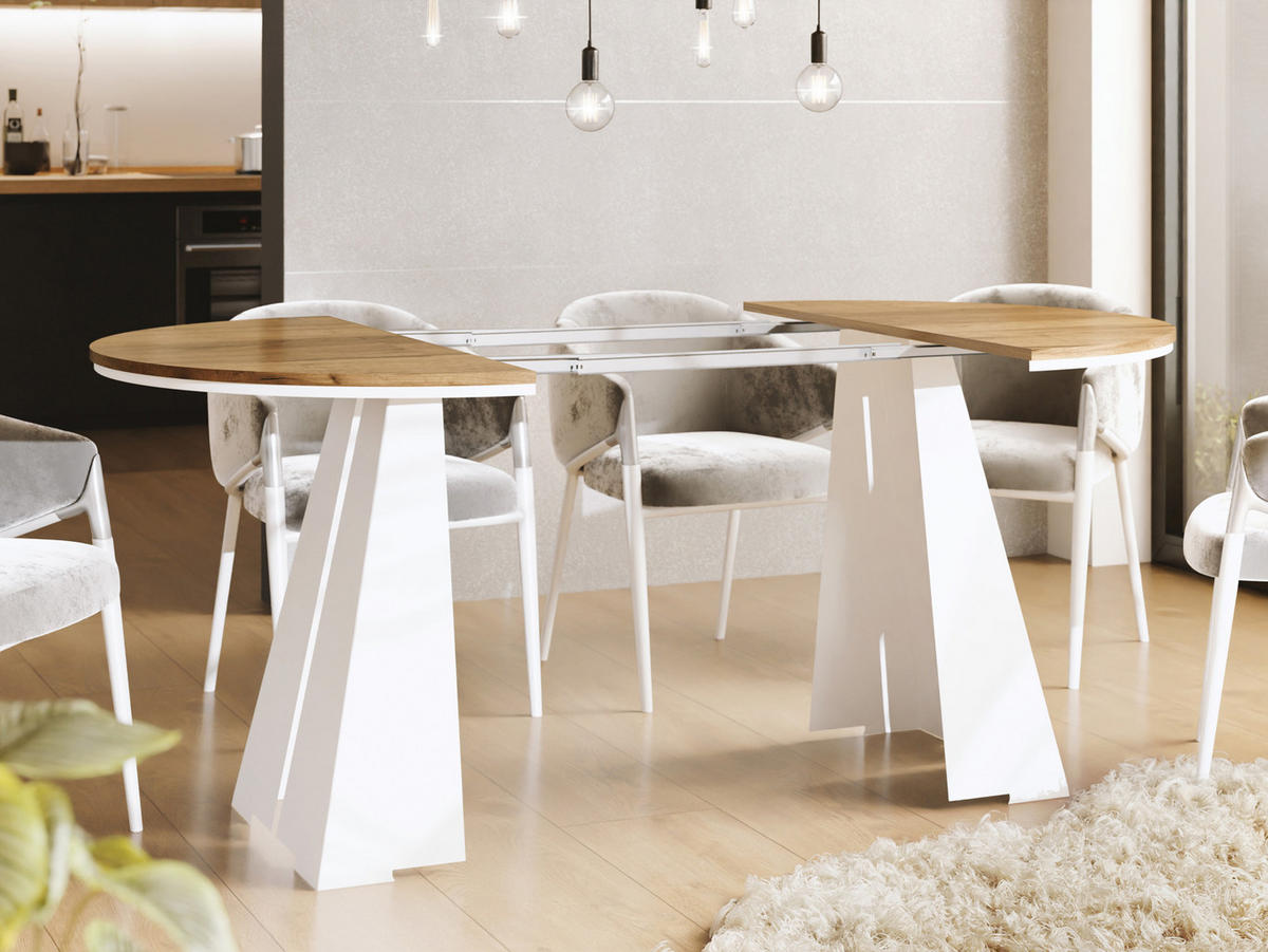 ESSTISCH Kova runder ausziehbarer, Craft Eiche 120-200/120/76 cm - Eiche Wotan/Weiß, Holzwerkstoff/Metall (120/120/76cm) - WFL GROUP