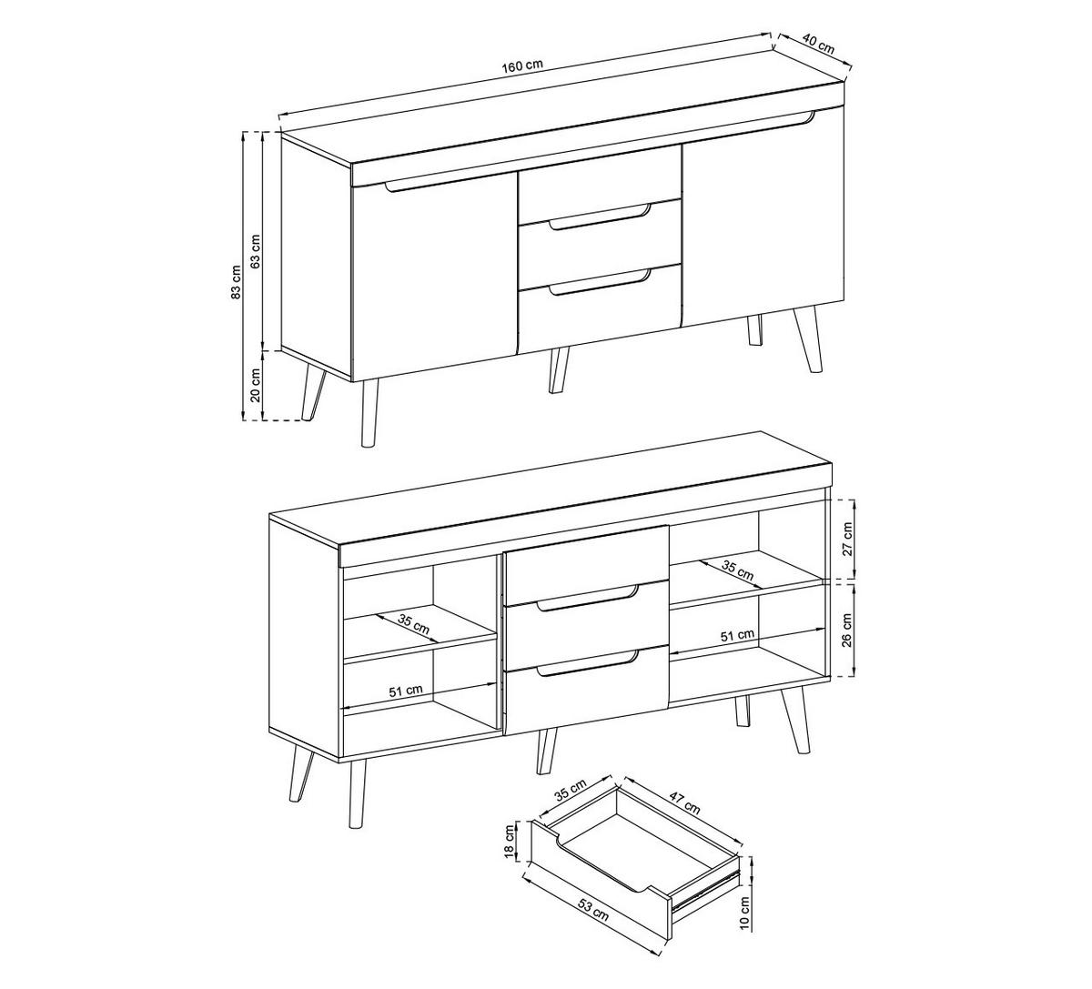 KOMMODE Nodis Weißer Glanz, Eiche Beine, Schubladenkommode - Braun/Weiß, Holzwerkstoff (160/83/40cm) - Bettso