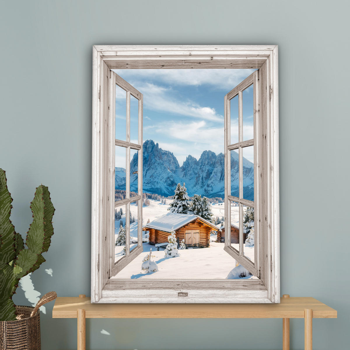 LEINWANDBILD Winterlandschaft - Hütte - Berge - Ausblicke - Aussicht - Natur Wandbild Wohnzimmer 60x80 cm - Weiß Hochglanz, Textil (60/80cm) - MuchoWow