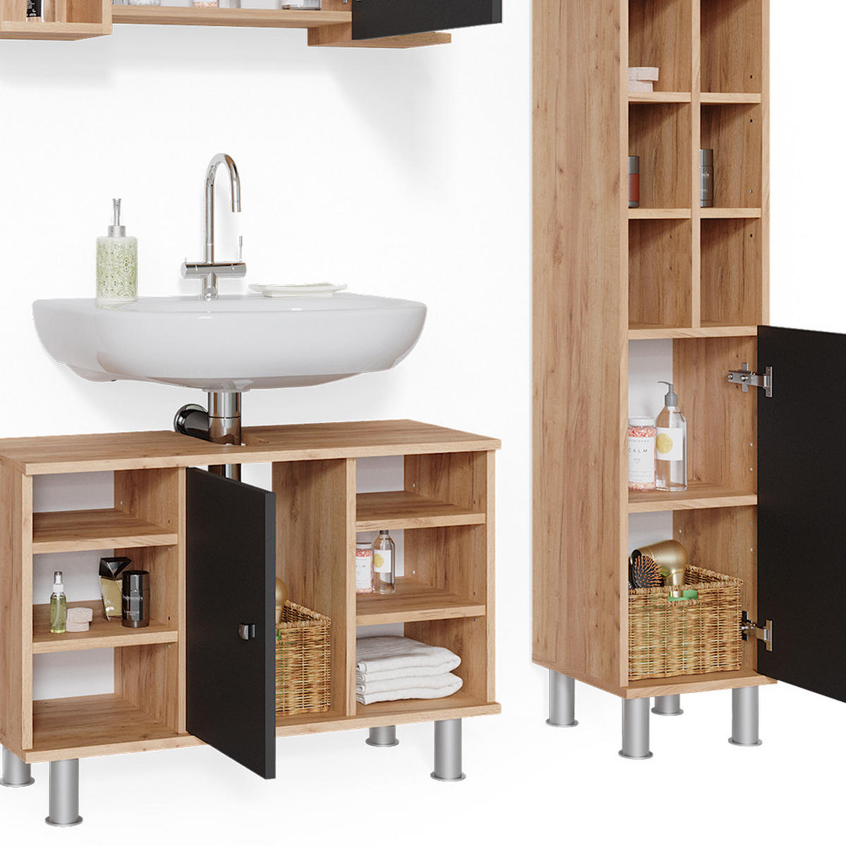 BADMÖBEL-SET Fynn Goldkraft Eiche 4 Teile, mit Midischränke - Anthrazit/Eiche Wotan, Holzwerkstoff (60/54/32cm) - Vicco