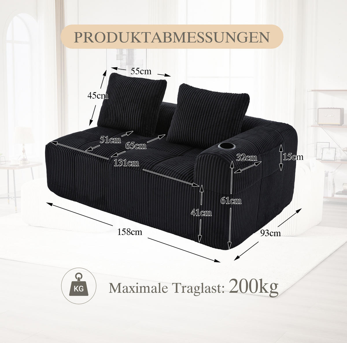 2-SITZER-SOFA 158/93/61 cm schwarz aus Cord mit Seitenfächern und Becherhaltern - Schwarz, Textil (93/61/158cm) - Modenvie