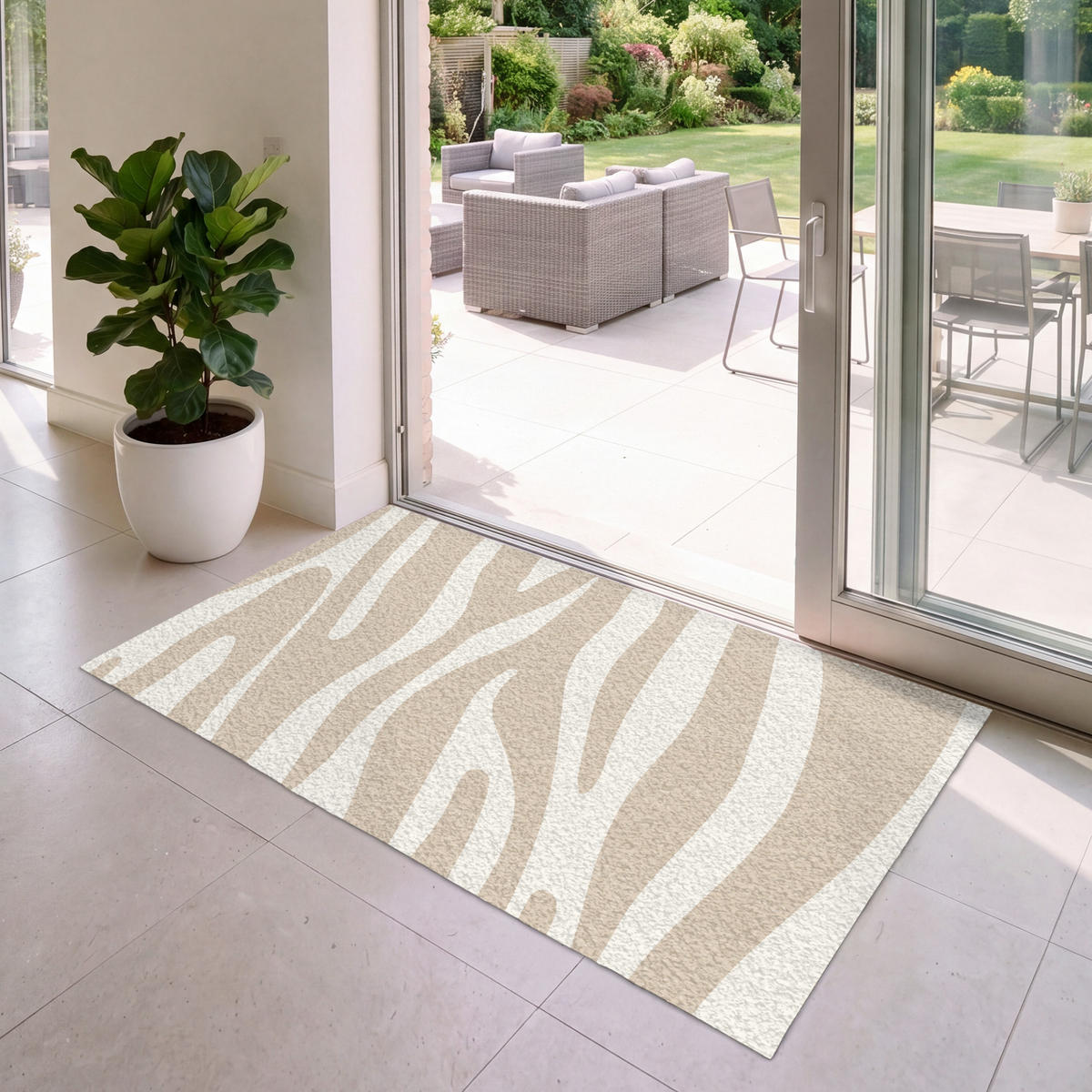 FUSSMATTE Zebramuster - Beige - Weiß - Tiermuster Schmutzfänger 150x90 cm - Beige, Kunststoff (150/90cm) - MuchoWow
