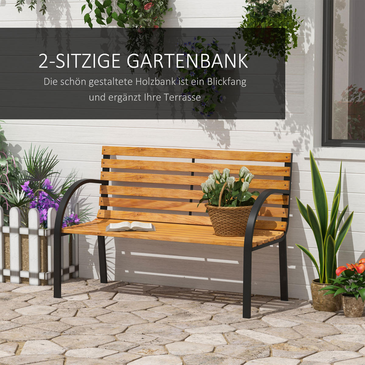 GARTENBANK, Sitzbank, Parkbank, 2-Sitzer, für Garten, Stahl+Holz, Natur - Fichtefarben, Holz/Metall (60/83/122cm) - Outsunny